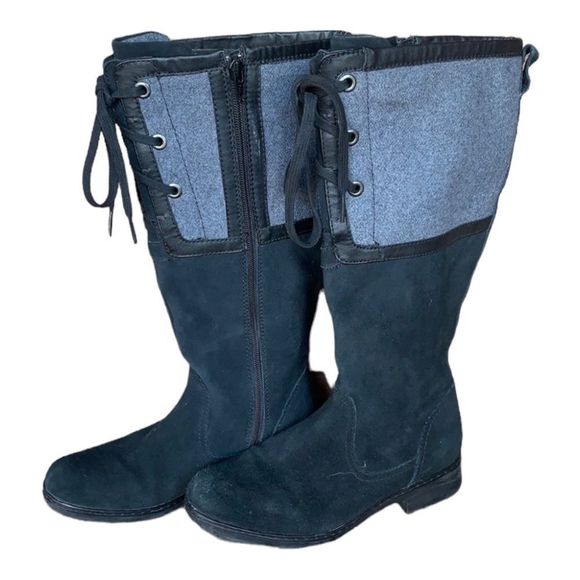 Clarks | Black Suede & Gray Wool Merrian Noble Lace Up Side Zio Riding Boot 7.5 - Picture 2 of 9